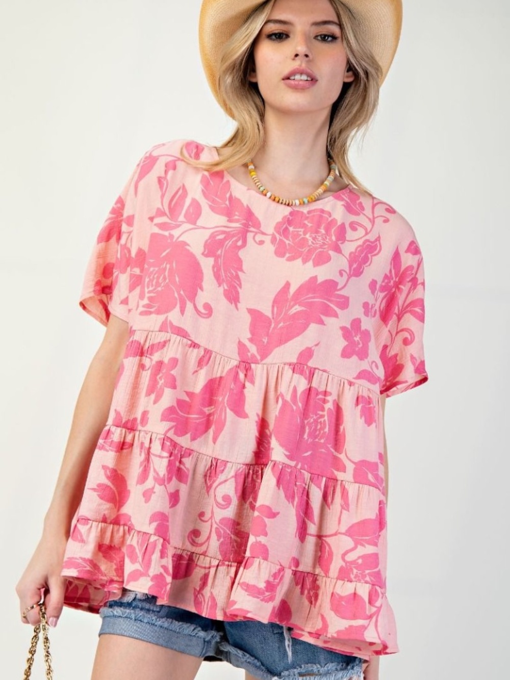 "The Nora" Pink Floral Tiered Swing Oversized Tunic